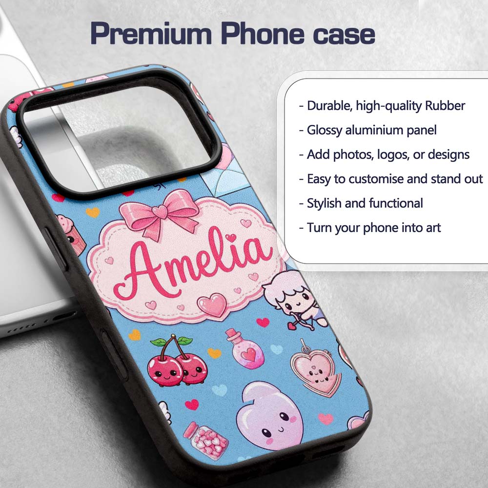 Cute Cupid Angels Hearts Sweets Balloon Love Custom Name Protective Phone Case Mobile Cover Durable Everyday Smartphone Shock Resistant