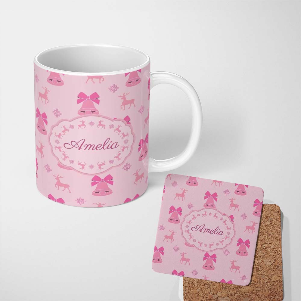 Personalized Custom Name Minimal Pink Bell Bow Reindeer Winter Seamless Pattern Lovely 11oz Ceramic Coffee Tea Mug White Large Handle