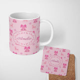 Personalized Custom Name Minimal Pink Bell Bow Reindeer Winter Seamless Pattern Lovely 11oz Ceramic Coffee Tea Mug White Large Handle