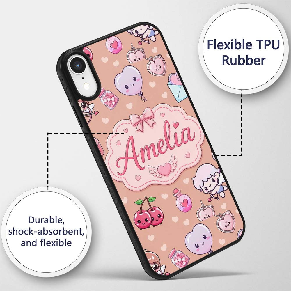 Cute Cupid Angels Hearts Sweets Balloon Love Custom Name Protective Phone Case Mobile Cover Durable Everyday Smartphone Shock Resistant