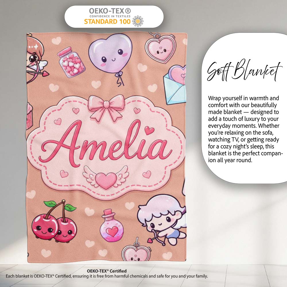 Cute Cupid Angels Hearts Sweets Balloon Love Elements Pattern Peach  Personalised Custom Name Super Soft Fleece Blanket Bed Sofa Throw