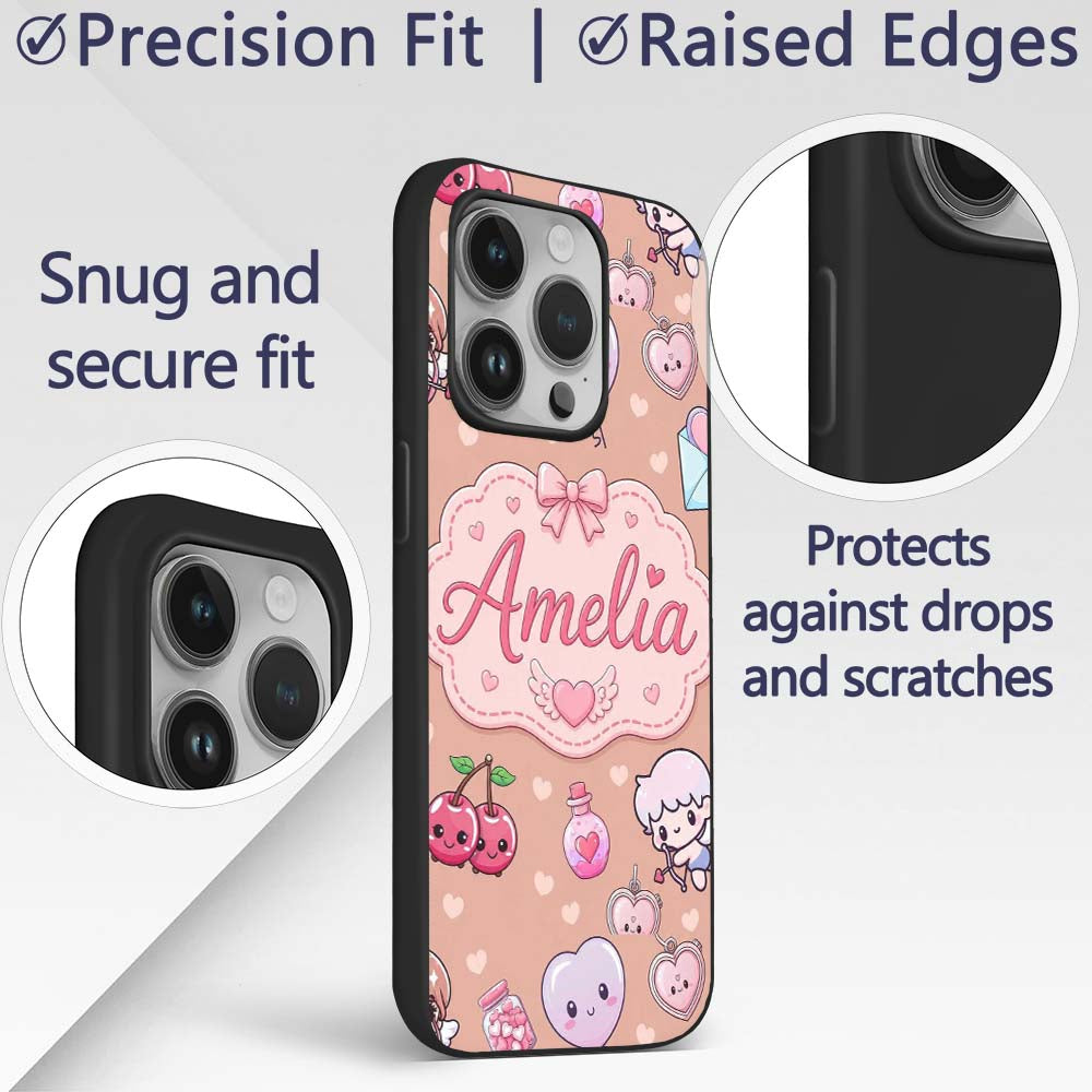 Cute Cupid Angels Hearts Sweets Balloon Love Custom Name Protective Phone Case Mobile Cover Durable Everyday Smartphone Shock Resistant
