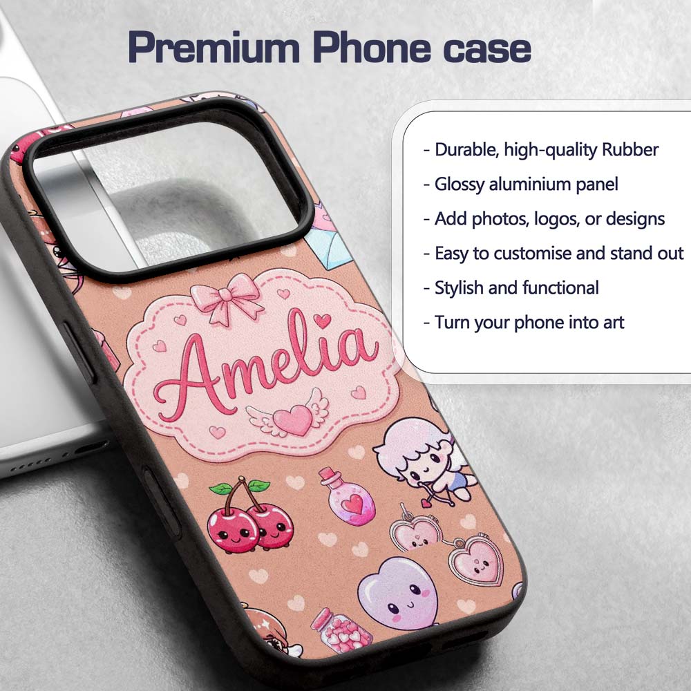 Cute Cupid Angels Hearts Sweets Balloon Love Custom Name Protective Phone Case Mobile Cover Durable Everyday Smartphone Shock Resistant
