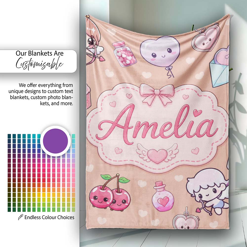 Cute Cupid Angels Hearts Sweets Balloon Love Elements Pattern Peach  Personalised Custom Name Super Soft Fleece Blanket Bed Sofa Throw