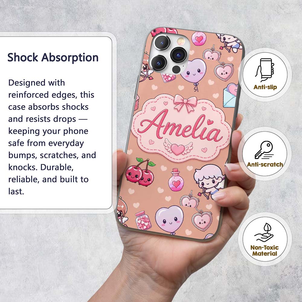 Cute Cupid Angels Hearts Sweets Balloon Love Custom Name Protective Phone Case Mobile Cover Durable Everyday Smartphone Shock Resistant