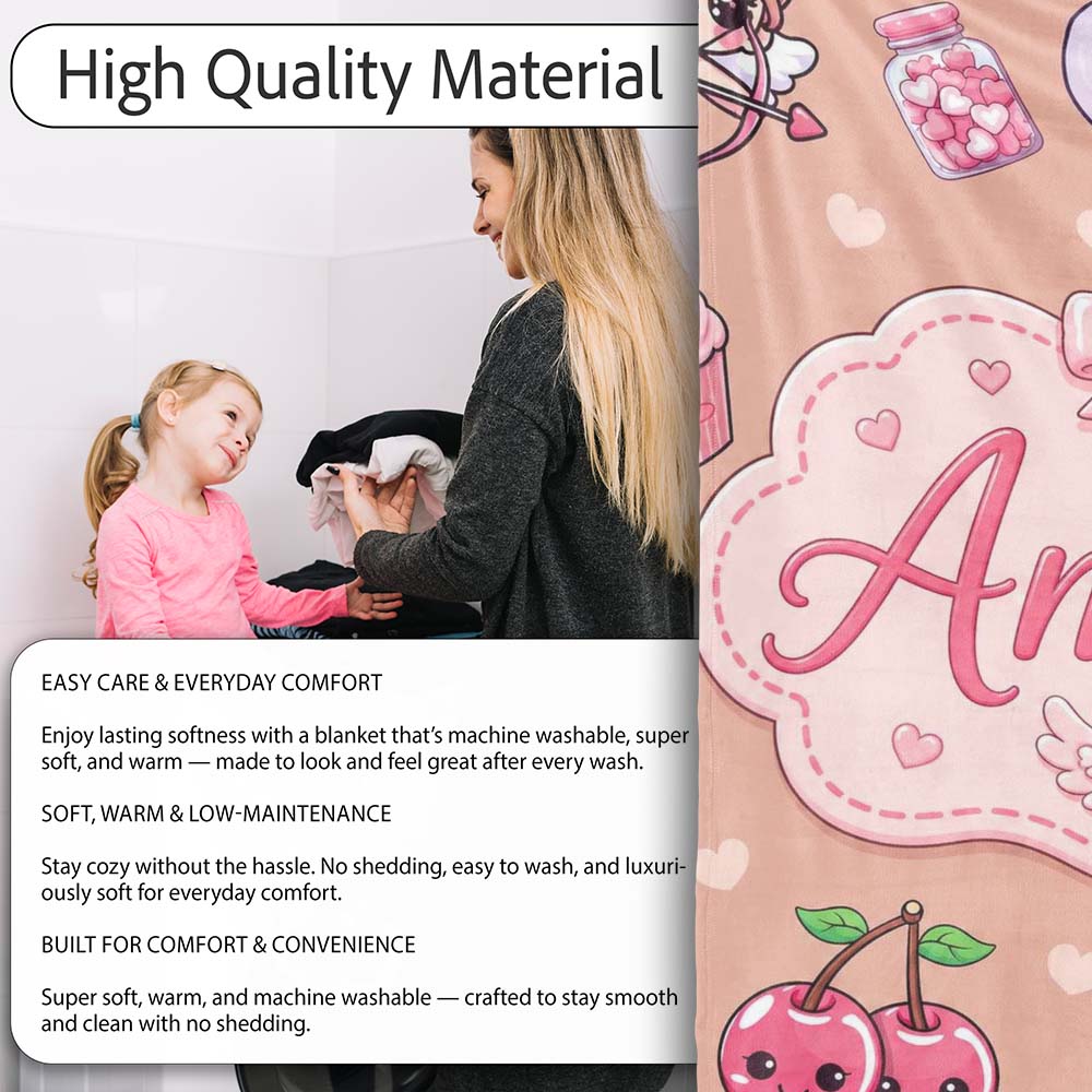 Cute Cupid Angels Hearts Sweets Balloon Love Elements Pattern Peach  Personalised Custom Name Super Soft Fleece Blanket Bed Sofa Throw