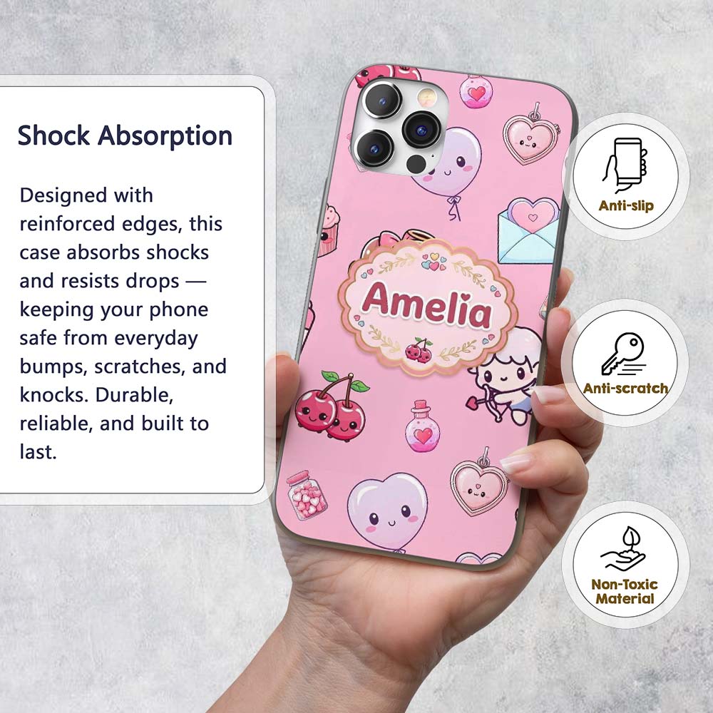 Cute Cupid Angels Hearts Sweets Balloon Love Custom Name Protective Phone Case Mobile Cover Durable Everyday Smartphone Shock Resistant