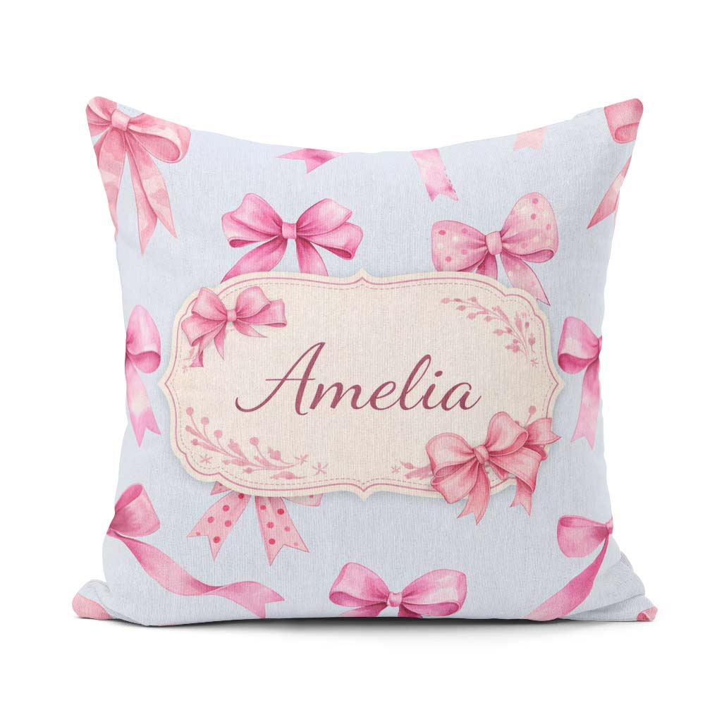 Custom Name Watercolor Pink Ribbon Bows Blue Background Seamless Square Filled Cushion Throw Pillow Sofa Bed Home Decor Zip Washable UK Made