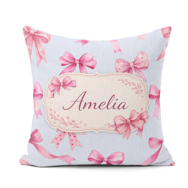 Custom Name Watercolor Pink Ribbon Bows Blue Background Seamless Square Filled Cushion Throw Pillow Sofa Bed Home Decor Zip Washable UK Made