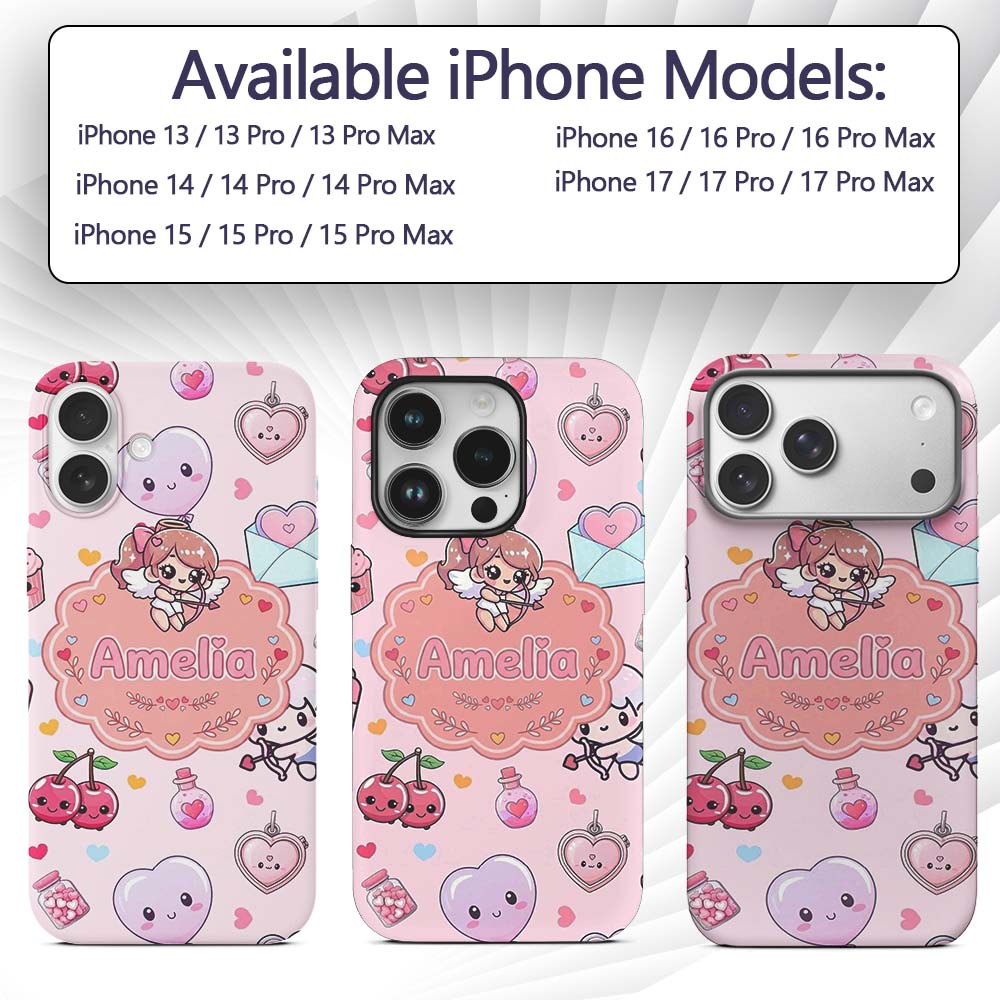 Cute Cupid Angels Hearts Sweets Balloon Love Custom Name Protective Phone Case Mobile Cover Durable Everyday Smartphone Shock Resistant