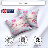 Custom Name Watercolor Pink Ribbon Bows Blue Background Seamless Square Filled Cushion Throw Pillow Sofa Bed Home Decor Zip Washable UK Made
