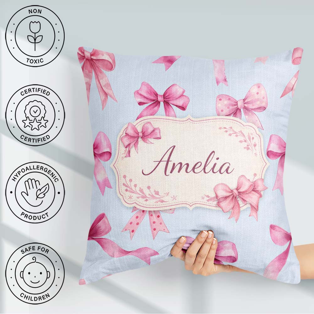 Custom Name Watercolor Pink Ribbon Bows Blue Background Seamless Square Filled Cushion Throw Pillow Sofa Bed Home Decor Zip Washable UK Made