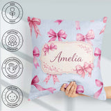 Custom Name Watercolor Pink Ribbon Bows Blue Background Seamless Square Filled Cushion Throw Pillow Sofa Bed Home Decor Zip Washable UK Made
