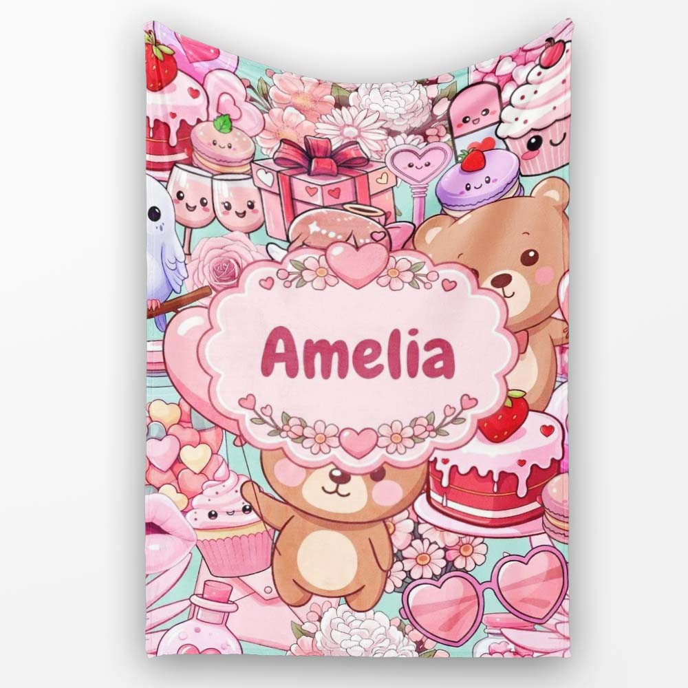 Cute Teddy Bear Cupid Cakes Hearts Flowers Valentine Kawaii Teal  Personalised Custom Name Super Soft Fleece Blanket Bed Sofa Throw