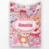 Cute Teddy Bear Cupid Cakes Hearts Flowers Valentine Kawaii Teal  Personalised Custom Name Super Soft Fleece Blanket Bed Sofa Throw