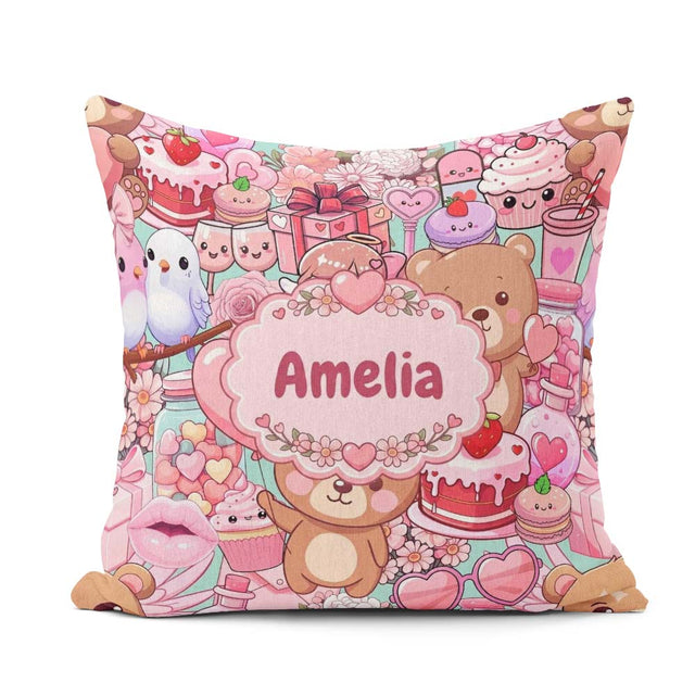 Custom Name Teddy Bear Cupid Cakes Hearts Flowers Valentine Teal Square Filled Cushion Throw Pillow Sofa Bed Home Decor Zip Washable UK Made