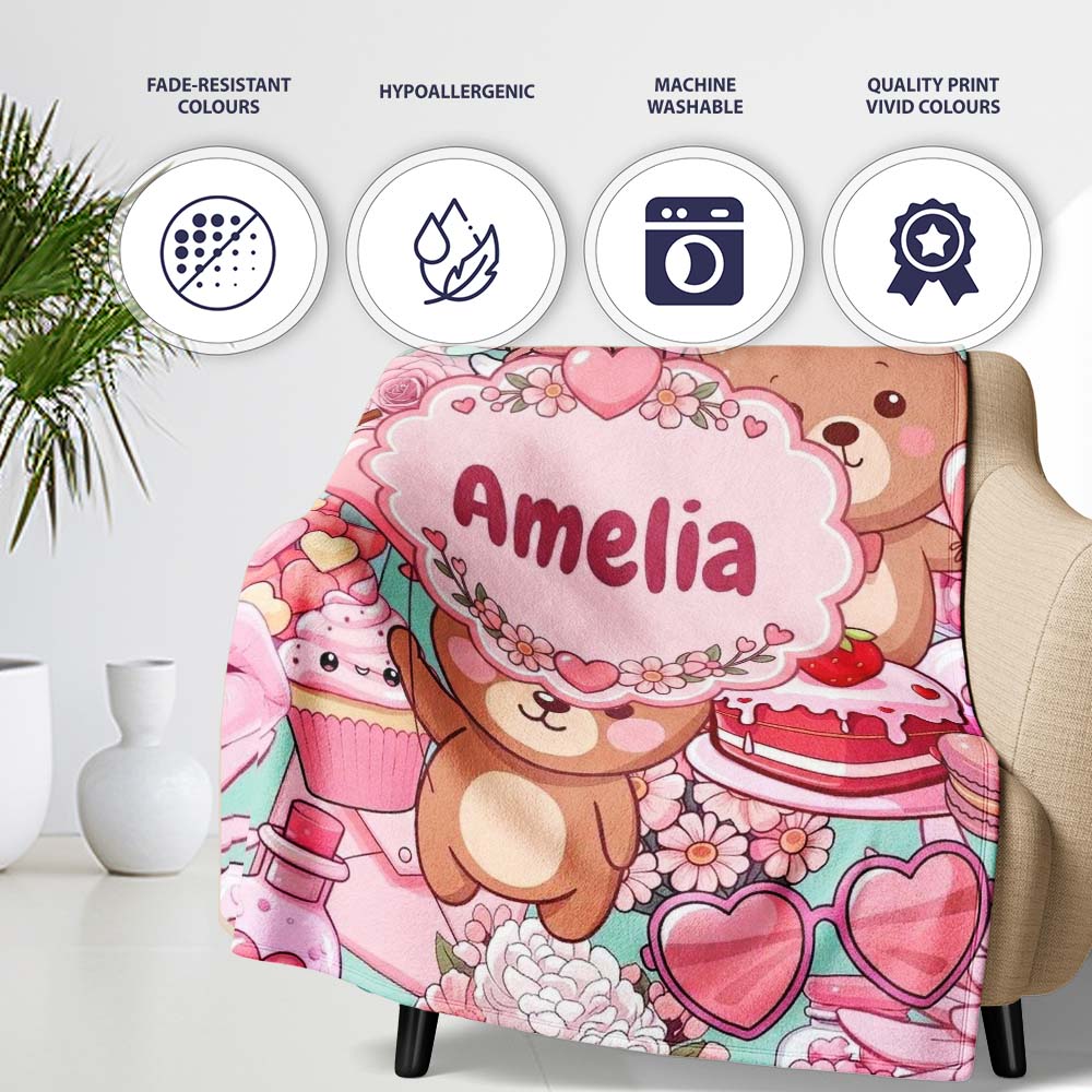 Cute Teddy Bear Cupid Cakes Hearts Flowers Valentine Kawaii Teal  Personalised Custom Name Super Soft Fleece Blanket Bed Sofa Throw