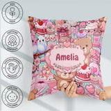 Custom Name Teddy Bear Cupid Cakes Hearts Flowers Valentine Teal Square Filled Cushion Throw Pillow Sofa Bed Home Decor Zip Washable UK Made