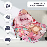Cute Teddy Bear Cupid Cakes Hearts Flowers Valentine Kawaii Teal  Personalised Custom Name Super Soft Fleece Blanket Bed Sofa Throw
