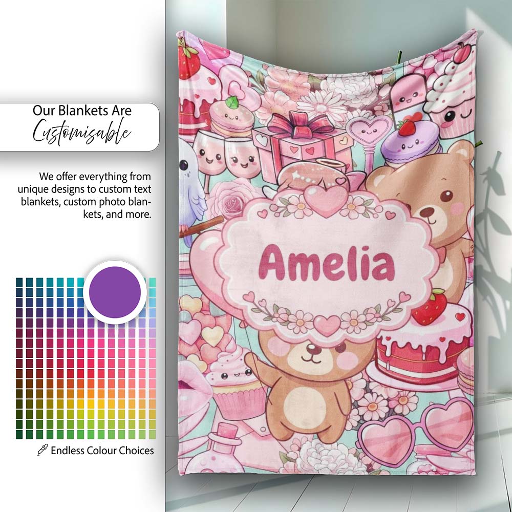 Cute Teddy Bear Cupid Cakes Hearts Flowers Valentine Kawaii Teal  Personalised Custom Name Super Soft Fleece Blanket Bed Sofa Throw