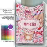 Cute Teddy Bear Cupid Cakes Hearts Flowers Valentine Kawaii Teal  Personalised Custom Name Super Soft Fleece Blanket Bed Sofa Throw