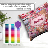 Custom Name Teddy Bear Cupid Cakes Hearts Flowers Valentine Teal Square Filled Cushion Throw Pillow Sofa Bed Home Decor Zip Washable UK Made