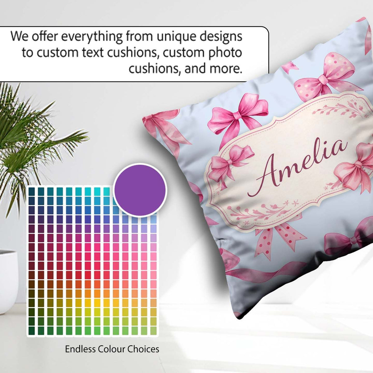 Custom Name Watercolor Pink Ribbon Bows Blue Background Seamless Square Filled Cushion Throw Pillow Sofa Bed Home Decor Zip Washable UK Made
