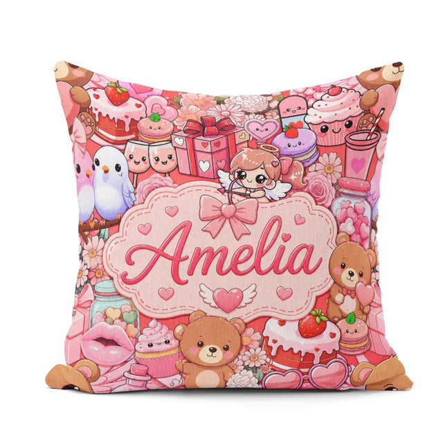 Custom Name Teddy Bear Cupid Hearts Flowers Valentine Kawaii Red Square Filled Cushion Throw Pillow Sofa Bed Home Decor Zip Washable UK Made