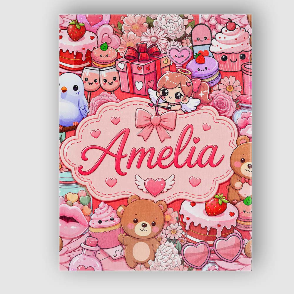 Personalised Name Cute Teddy Bear Cupid Custom  Modern Room Accent Elegant Feature Canvas Wall Art Print Decor Picture Ready to Hang