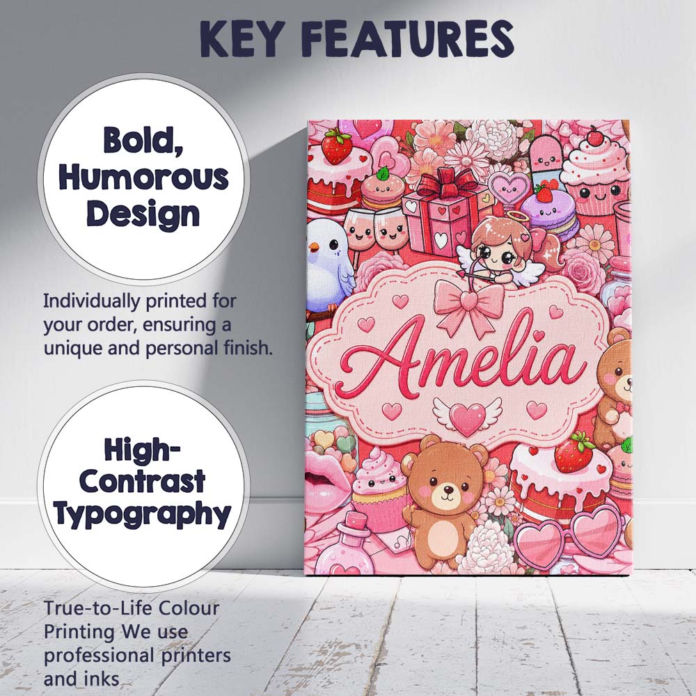 Personalised Name Cute Teddy Bear Cupid Custom  Modern Room Accent Elegant Feature Canvas Wall Art Print Decor Picture Ready to Hang