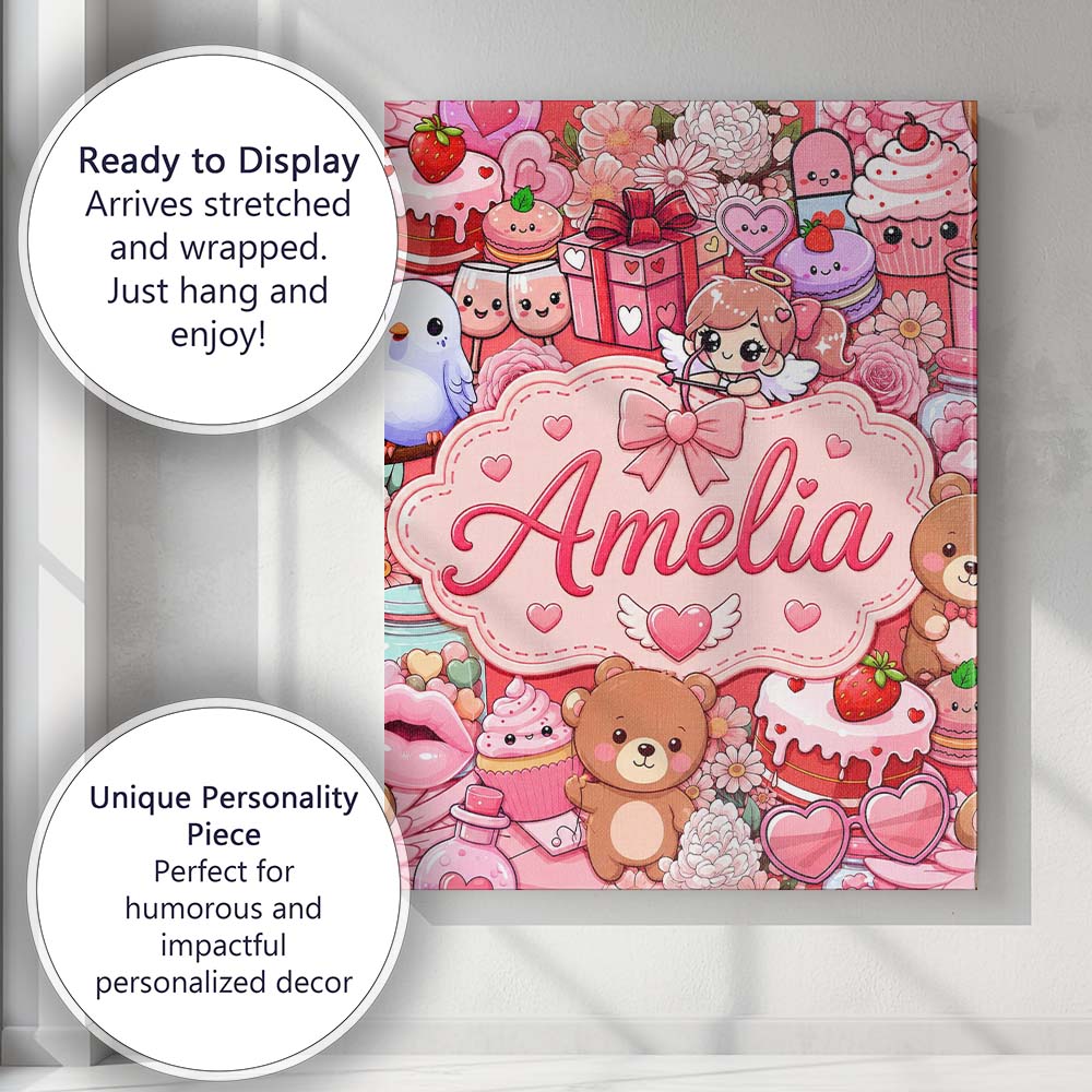 Personalised Name Cute Teddy Bear Cupid Custom  Modern Room Accent Elegant Feature Canvas Wall Art Print Decor Picture Ready to Hang