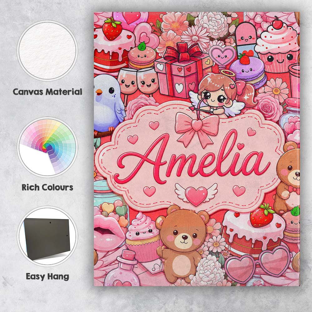 Personalised Name Cute Teddy Bear Cupid Custom  Modern Room Accent Elegant Feature Canvas Wall Art Print Decor Picture Ready to Hang