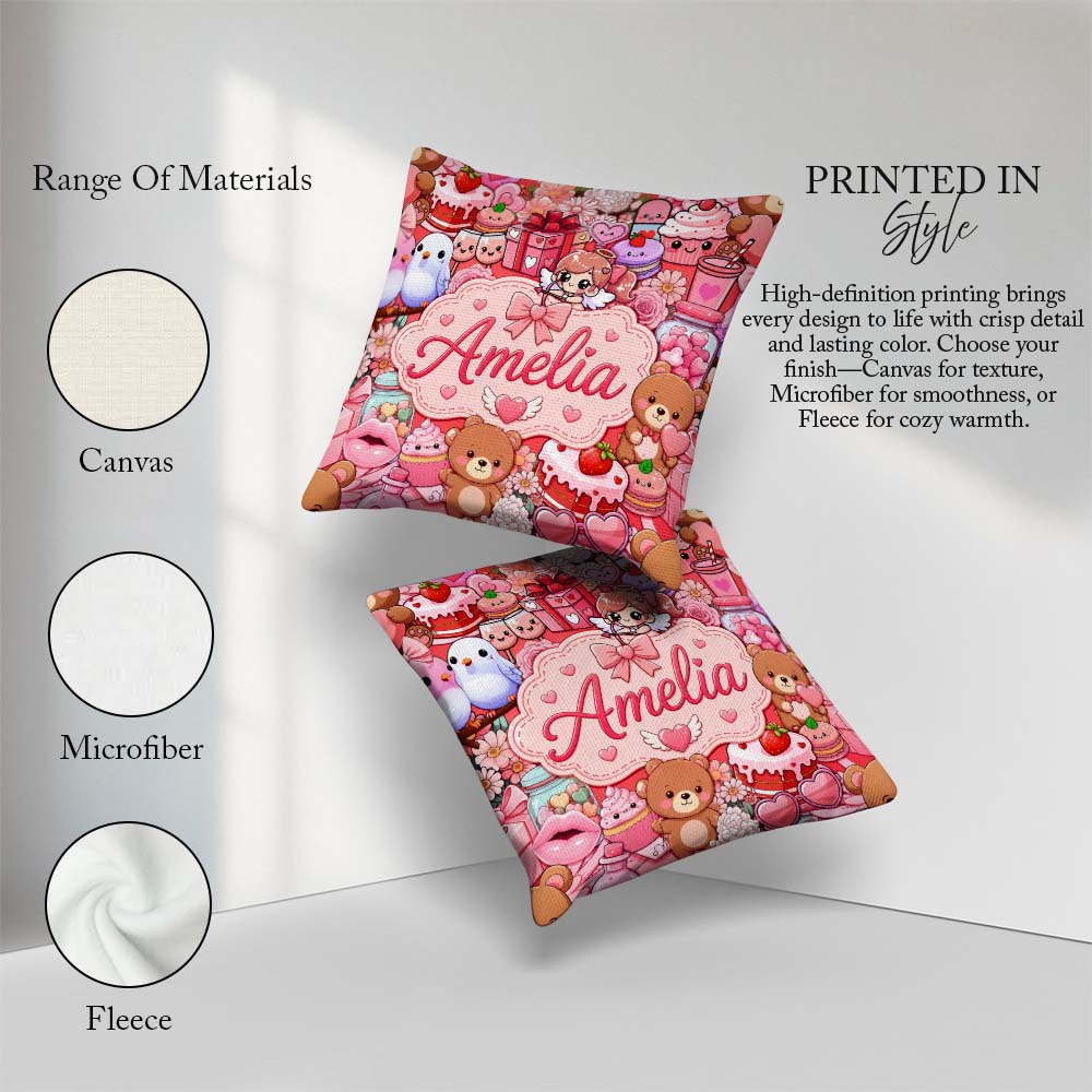 Custom Name Teddy Bear Cupid Hearts Flowers Valentine Kawaii Red Square Filled Cushion Throw Pillow Sofa Bed Home Decor Zip Washable UK Made