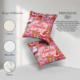 Custom Name Teddy Bear Cupid Hearts Flowers Valentine Kawaii Red Square Filled Cushion Throw Pillow Sofa Bed Home Decor Zip Washable UK Made