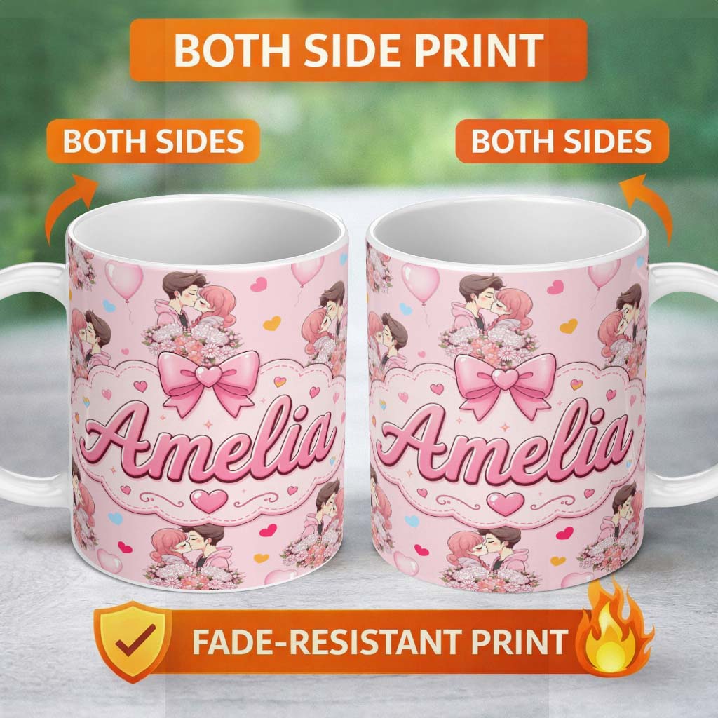 Personalized Custom Name Romantic Couple Kissing Floral Bouquet Hearts Pattern Pink Hearts 11oz Ceramic Coffee Tea Mug White Large Handle