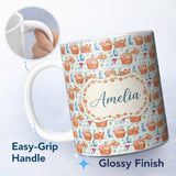 Personalized Custom Name Watercolor Picnic Basket Food and Bottle Seamless Pattern Lovely 11oz Ceramic Coffee Tea Mug White Large Handle