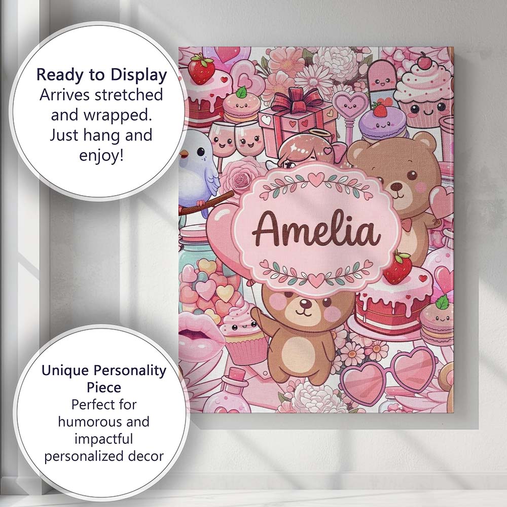 Personalised Name Cute Teddy Bear Cupid Custom  Modern Room Accent Elegant Feature Canvas Wall Art Print Decor Picture Ready to Hang