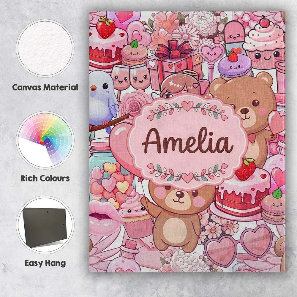 Personalised Name Cute Teddy Bear Cupid Custom  Modern Room Accent Elegant Feature Canvas Wall Art Print Decor Picture Ready to Hang