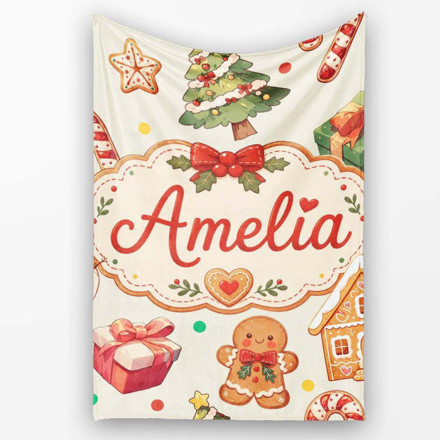Cute Gingerbread Man Christmas Tree Candy Cane Holiday Beige Lovely  Personalised Custom Name Super Soft Fleece Blanket Bed Sofa Throw