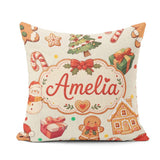 Custom Name Cute Gingerbread Man Christmas Tree Candy Cane Beige Square Filled Cushion Throw Pillow Sofa Bed Home Decor Zip Washable UK Made