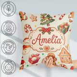 Custom Name Cute Gingerbread Man Christmas Tree Candy Cane Beige Square Filled Cushion Throw Pillow Sofa Bed Home Decor Zip Washable UK Made