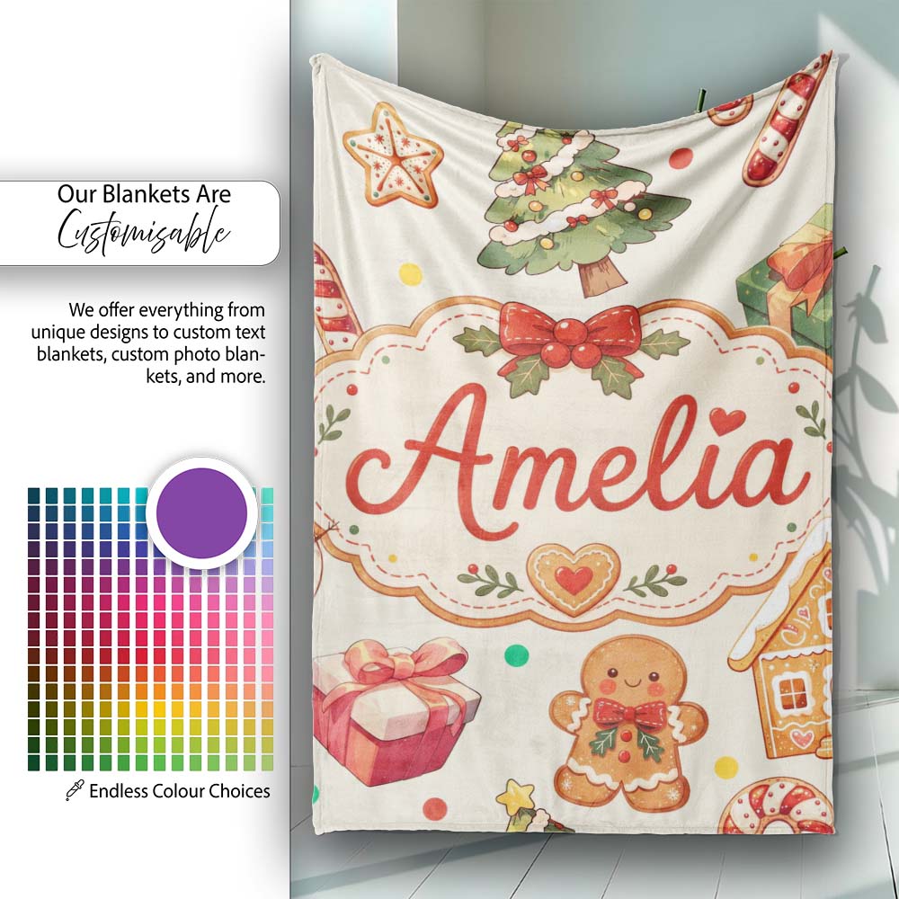 Cute Gingerbread Man Christmas Tree Candy Cane Holiday Beige Lovely  Personalised Custom Name Super Soft Fleece Blanket Bed Sofa Throw