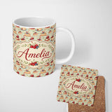 Personalized Custom Name Cherry Topped Celebration Cakes Cute Dessert Seamless Pattern Lovely 11oz Ceramic Coffee Tea Mug White Large Handle