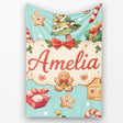 Cute Gingerbread Man Christmas Tree Candy Cane Holiday Pattern Blue  Personalised Custom Name Super Soft Fleece Blanket Bed Sofa Throw