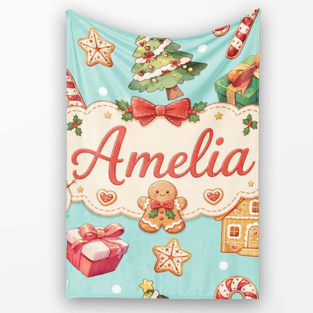 Cute Gingerbread Man Christmas Tree Candy Cane Holiday Pattern Blue  Personalised Custom Name Super Soft Fleece Blanket Bed Sofa Throw