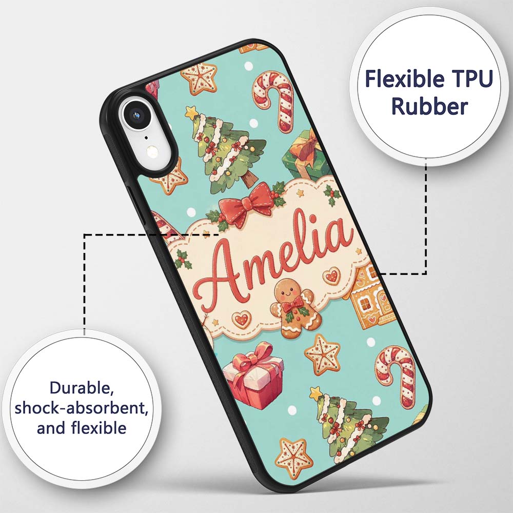Cute Gingerbread Man Christmas Tree Candy Cane Custom Name Protective Phone Case Mobile Cover Durable Everyday Smartphone Shock Resistant