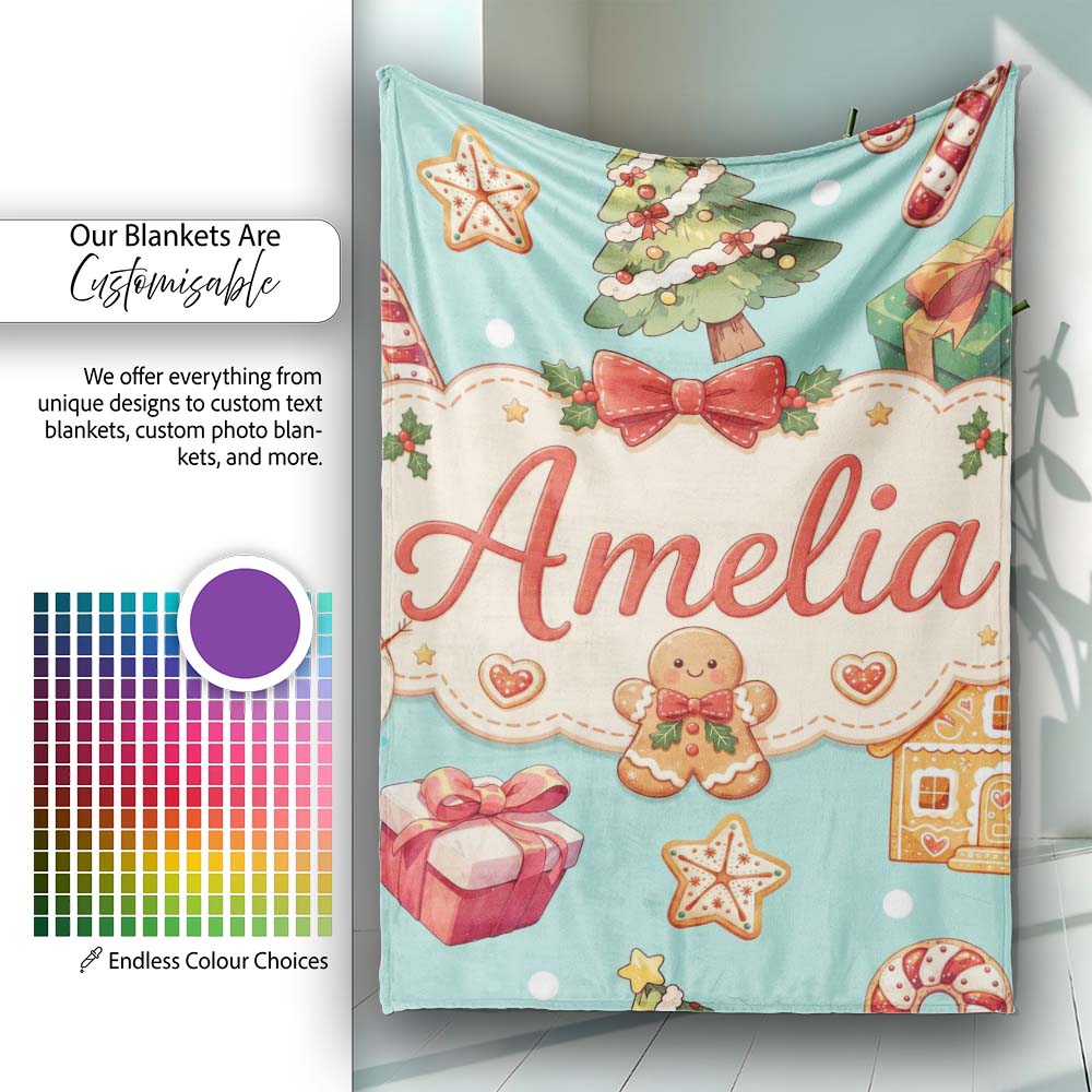 Cute Gingerbread Man Christmas Tree Candy Cane Holiday Pattern Blue  Personalised Custom Name Super Soft Fleece Blanket Bed Sofa Throw