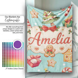 Cute Gingerbread Man Christmas Tree Candy Cane Holiday Pattern Blue  Personalised Custom Name Super Soft Fleece Blanket Bed Sofa Throw