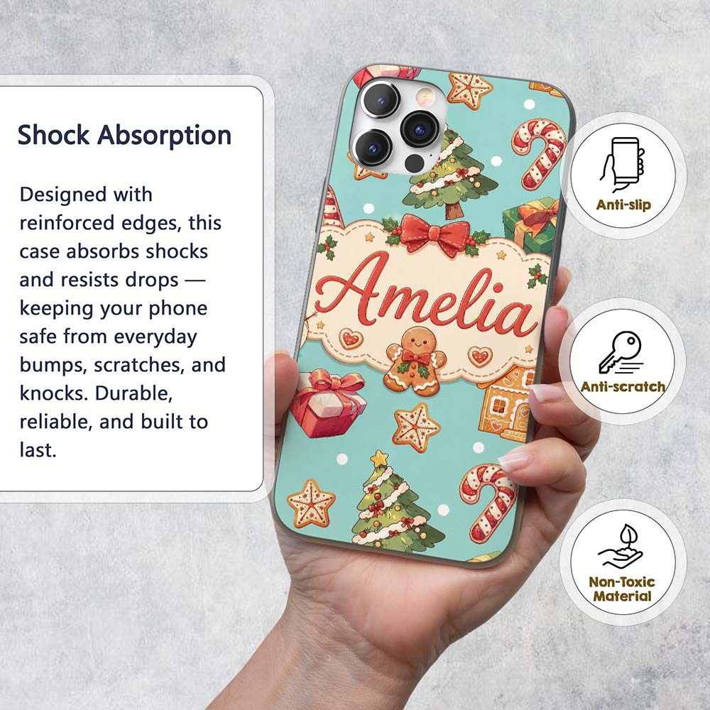 Cute Gingerbread Man Christmas Tree Candy Cane Custom Name Protective Phone Case Mobile Cover Durable Everyday Smartphone Shock Resistant