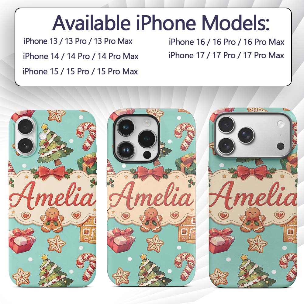 Cute Gingerbread Man Christmas Tree Candy Cane Custom Name Protective Phone Case Mobile Cover Durable Everyday Smartphone Shock Resistant